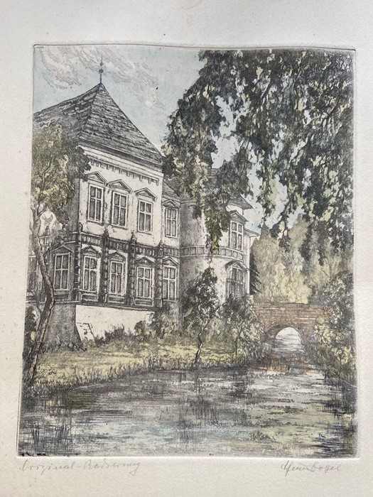 An original coloured etching of a European chateau / country house with stream in the fore ground.