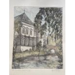 An original coloured etching of a European chateau / country house with stream in the fore ground.