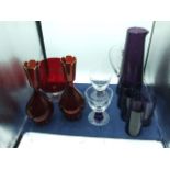 Purple Glass Jug 12 inches tall and 4 glasses , 2 glasses , 2 Red Vases and large red glass