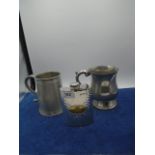A silver plated tankard, engraved pewter tankard and a Westminster flask