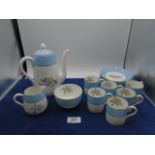 Bone china coffee service incl coffee pot, jug, sugar bowl plus 6 cups and saucers, blue and white