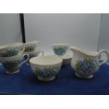 Harleigh vintage bone china with blue flowers part tea service, 5 cups, 5 saucers, milk jug and