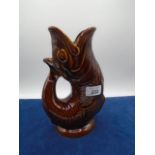 Dartmouth Devon Brown Pottery Fish Gurgle Jug / Vase, 25cm tall