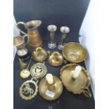 Collection of brass, copper and plated ware to incl jugs, candlesticks etc
