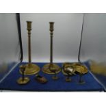Quantity of brass to include pair of candlesticks, 32cm tall, pair of cranes, snake etc