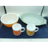 Pyrex Mixing Bowl 7 inches wide ,Pyrex Casserole another missing lid and 2 french pyrex style mugs