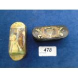 2 antique papier mache snuff boxes with hinged lids, one featuring a girl and boy with bird cage and