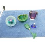 Signed Glass Vase , Shell Dish , Paper weight and 2 perfume bottles