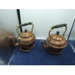 2 Copper Kettles and Brass Trivets kettles approx 8 1/2 inches tall