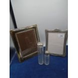 2 silver plated photo frames and 2 glass travelling/dressing table jars