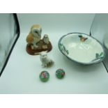 2 Paper weights , crested ware cat , barn owls and Carlton Ware Dish