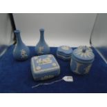 Collection of Wedgwood blue jasperware to incl 2 vases and 4 lidded trinket boxes (1 box