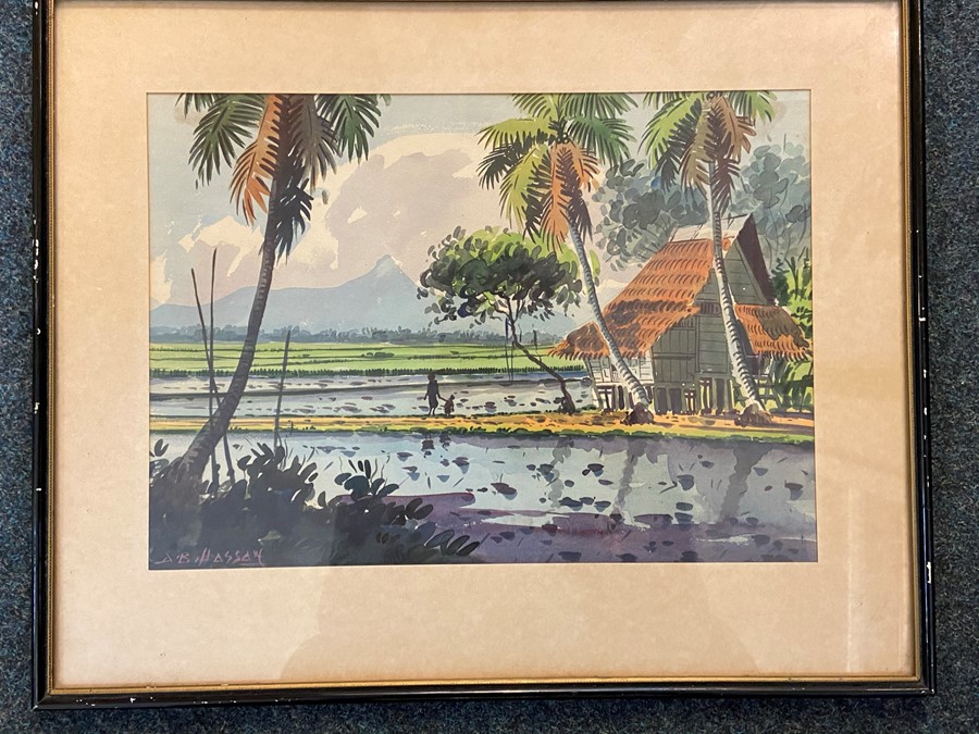 Abu Bakar Ibrahim, Malaysian landscape, watercolour, signed lower left, 36 x 26cm, signed A B Hassan - Image 3 of 3