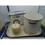 Collection of vintage enamel items incl tray, bucket, string holder and Tower weighing scales