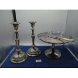 Pair of Ian Heath (IANTHE) silver plated vintage candle sticks plus silver plated cake stand