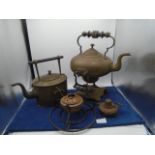 2 brass spirit kettles one with stand, brass and copper burner and copper burner