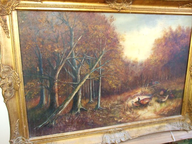 Oil on Canvas in Gilt Frame Pheasants in woodland 29 x 20 inches