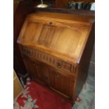 Oak Linen Fold Bureau with one drawer and cupboard