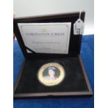 Coronation Jubilee 65mm photographic coin, 24 carat gold plated, boxed with certificate of