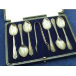 Cased Silver Teaspoons and Sugar Tongs