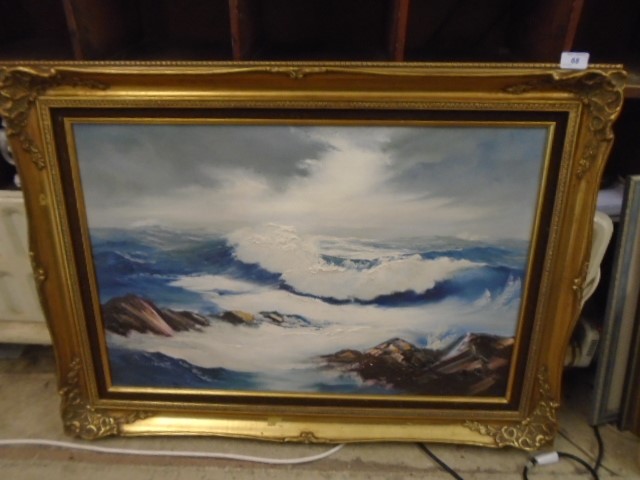 Large oil on canvas of sea in gilt frame, approx 93cm x 68cm