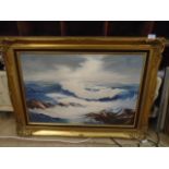 Large oil on canvas of sea in gilt frame, approx 93cm x 68cm