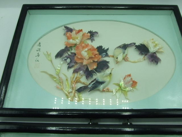 2 Framed Oriental Ceramic ? pictures of birds 32 x 21 cm - Image 3 of 4