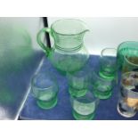Green Glass Jug and 5 Glasses , 5 Dishes and 6 Patterned Glasses