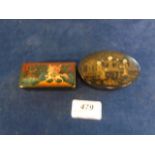 Chinoiserie papier mache hinged box depicting 3 figures in oriental garden 7.5 x 5cm plus a