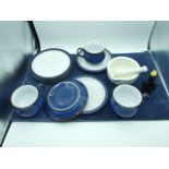 3 Denby Cups , Saucers and Plates , Bird Pie Funnel and Pestle & Mortar