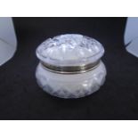 Glass powder puff lidded pot with silver band/collar, approx 15cm diameter, 9cm tall