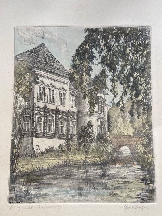 An original coloured etching of a European chateau / country house with stream in the fore ground. - Image 2 of 4