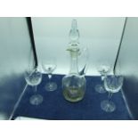 Glass Decanter 15 1/2 inches tall including stopper and 4 Glasses