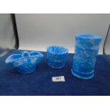 3 pieces of Victorian blue malachite slag glass either by Davidson or Greener - spill, basket and