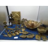Quantity of brass items to include snake candlesticks, trays, letter rack, bowls, ornaments etc