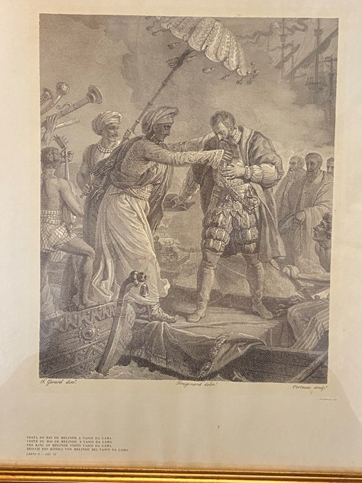 A framed engraving "The King of Melinde visits Vasco Da Gama" after F. Gerard 36 x 44cm