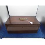 wood stationary box with brass handle and key, approx 38cm long x 20cm wide x 15cm tall