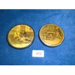 2 antique circular papier mache snuff boxes, one featuring 'Abbot Roland Graeme rescued from the