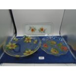 3 retro chance glass tray and bowls decorated with flower designs
