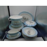 Blue and white dinner service with grey flower and gilt rim incl 6 dinner plates, 6 side plates, 6