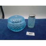 Fenton blue opalescent hobnail lidded powder bowl, approx 10cm dia x 8.5cm tall and a similar silver
