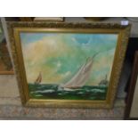 Oil on canvas of sailing ships 'Rounding the fastnet', C Satchel 1998, approx 71cm x 61cm