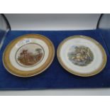 2 hand coloured Prattware plates with pastoral scenes, 8" and 8.5" diameter