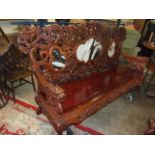 Carved Oriental 3 Seater Sofa , 2 Armchairs , Coffee Table and Side table all with marble insets