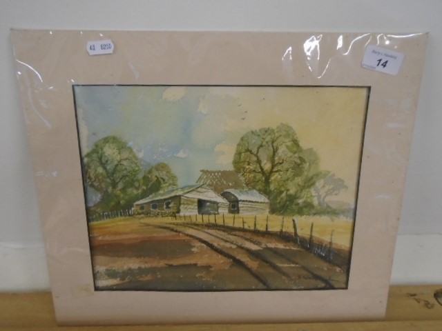 S Woorington Watercolour Wood Barns on hill signed bottom right (not framed) 11 x 9"