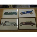 4 framed car prints - Mercedes Benz 1928, Maybach 1936, Bentley Blower 1930 and Lancia 1909