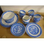 Blue and white tea service, some marked Willow Foley, 6 cups, 6 saucers, 6 side plates, slop bowl,