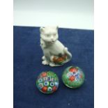 Crested Cat and 2 glass paperweights