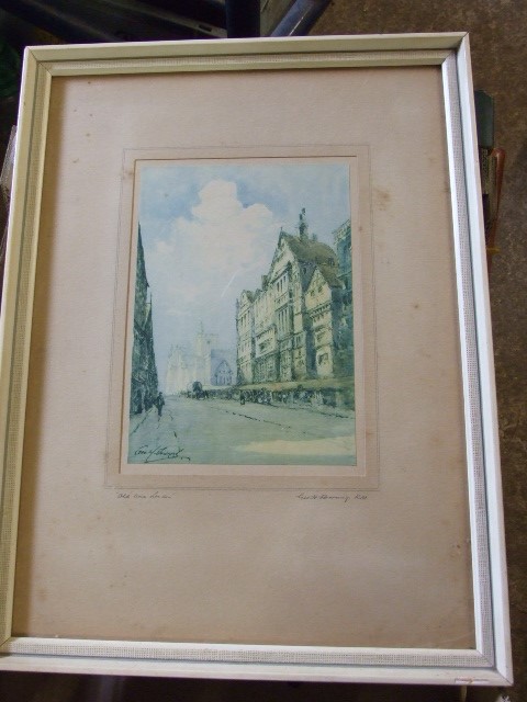 Framed Etching of Old Time London & 4 other pictures