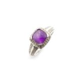 Amethyst, diamond and 9ct white gold halo ring